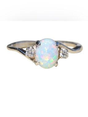 925 Sterling Silver Oval Cut White Fire Opal and CZ Stone Accent Ring